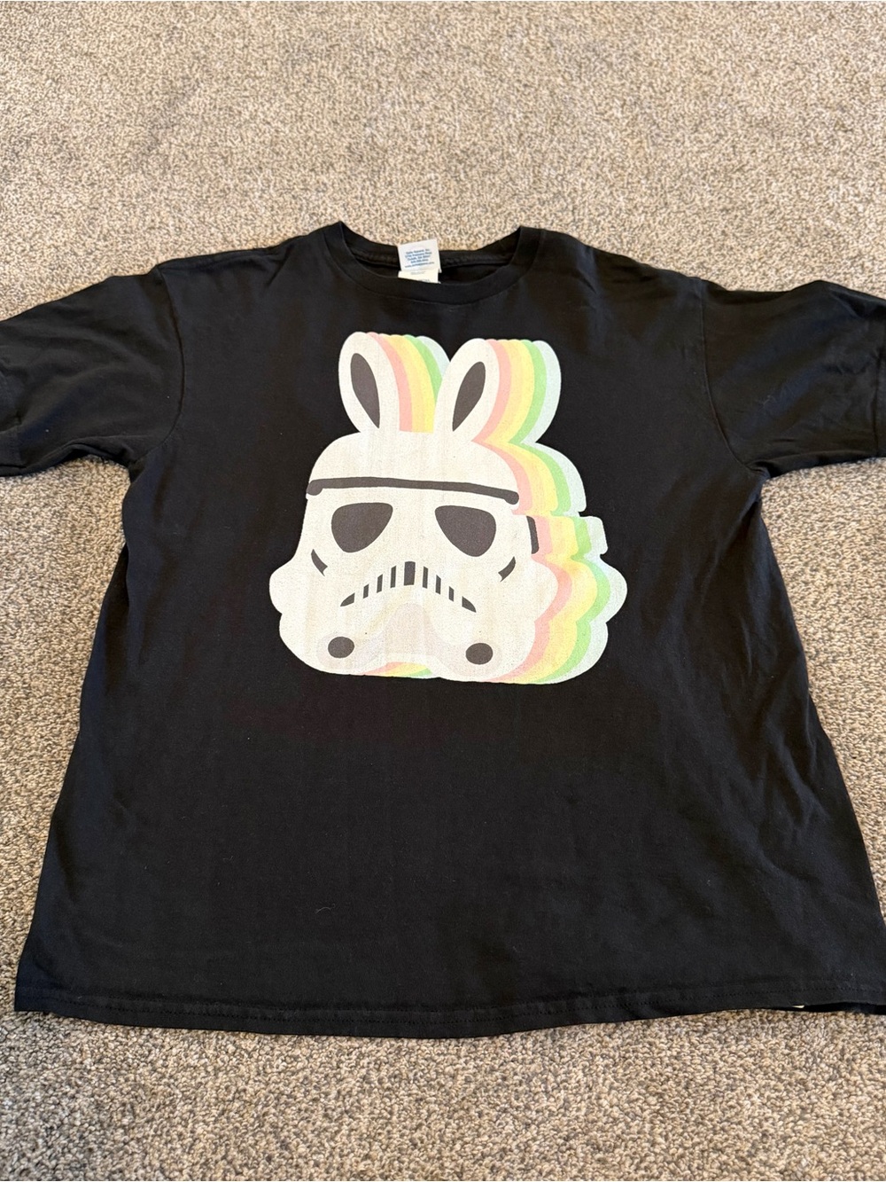 Kids Black Graphic Tee with Rainbow Stormtrooper Bunny Print